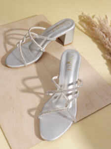 summer dress sandals silver block heels, Leather Type - Napa, Upper Pattern - Embellished