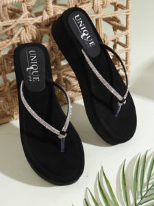 summer dress sandals black wedge heels, Leather Type - Napa, Upper Pattern - Bling, Solid